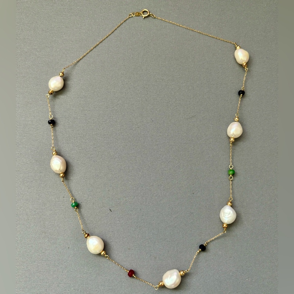 14K Gold Freshwater Peark Gemstone Station Necklace Ruby Sapphire Emerald